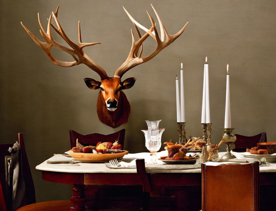 table with deer antlers on the wall