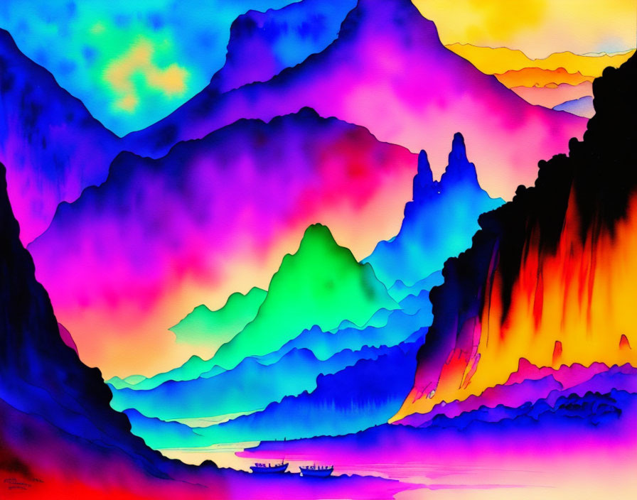 Colorful Psychedelic Mountain Landscape Painting Under Starry Sky