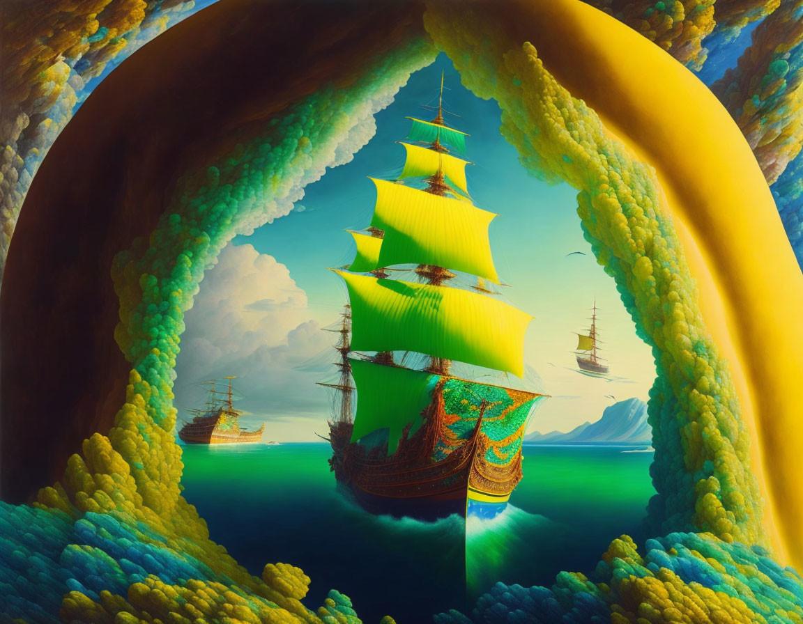 Colorful painting of green-sailed ship on calm waters with surreal yellow-green clouds against blue sky