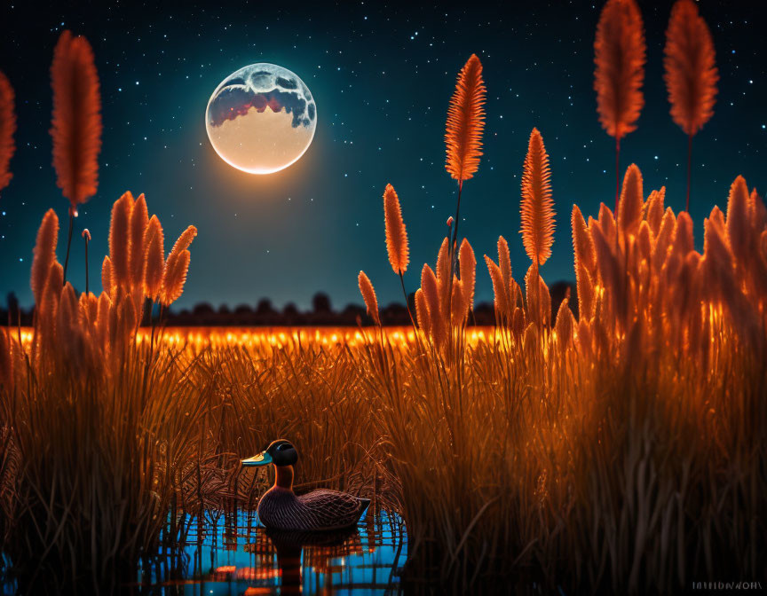 Full Moon Shining on Golden Grass Field with Duck in Pond