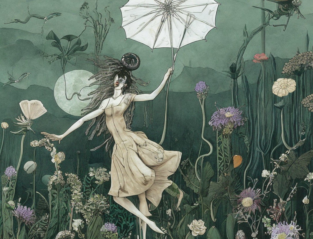 Surreal moonlit woman with umbrella and oversized flowers