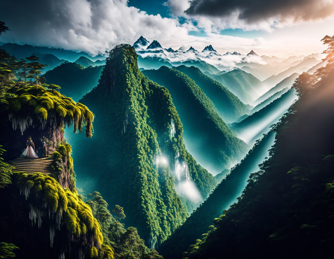 Couple on platform in lush green mountains under dramatic sky