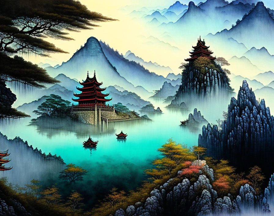 Traditional Pagodas in Misty Mountain Landscape with Reflective Lake