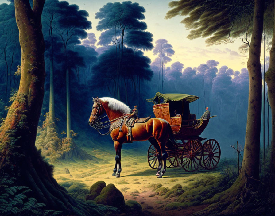 Serene forest clearing with horse-drawn carriage