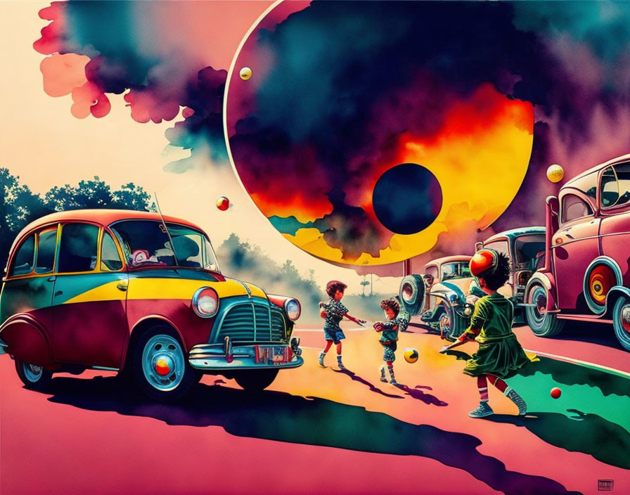 Vintage cars and children in retro clothing on colorful road under surreal sky with large eclipse.