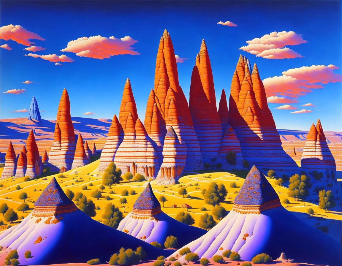 Colorful surreal alien desert landscape with striped conical formations under blue sky