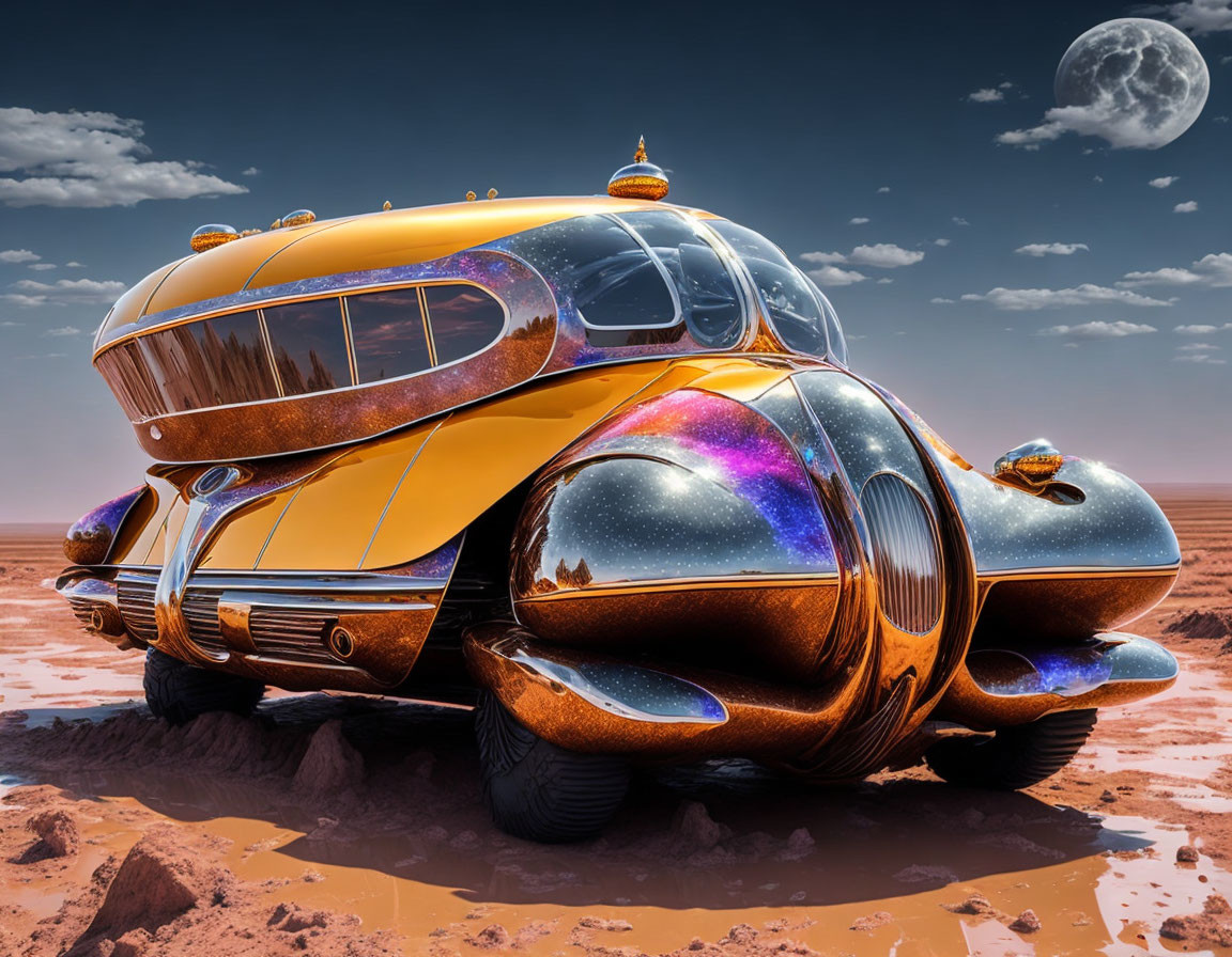 Sleek orange futuristic vehicle in desert with large moon