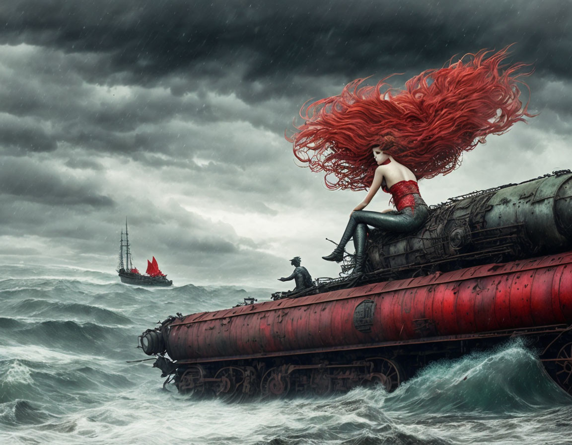 Vibrant red-haired mermaid on submerged train in stormy sea with sailor and ships.