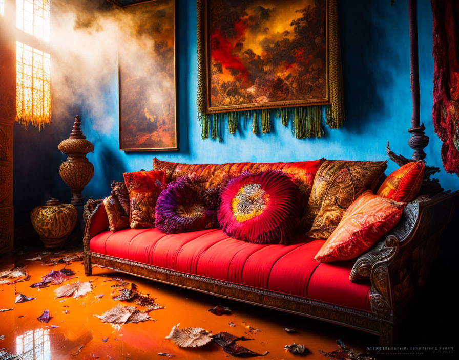 Luxurious Room with Red Couch, Colorful Cushions, Ornate Vases, Classic Painting,