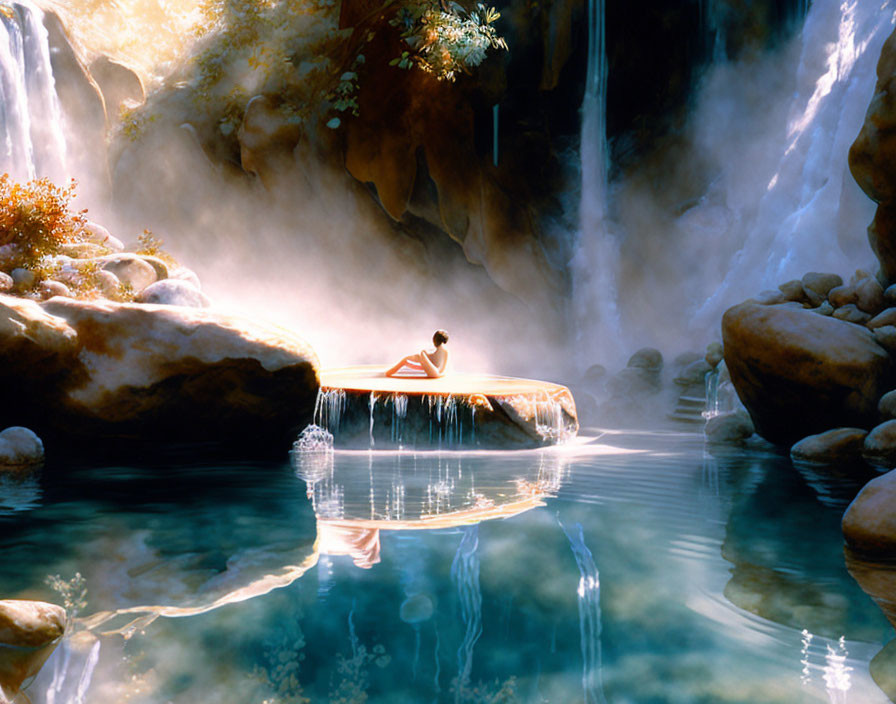 Person seated on rock in serene water pool with waterfalls and sunlight.