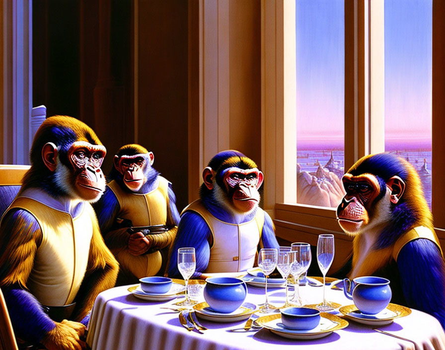 Anthropomorphic monkeys dining at table with cityscape view