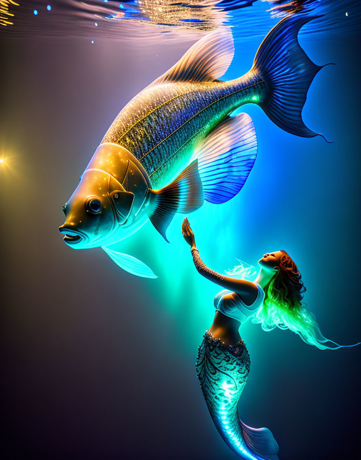 Colorful digital artwork: Mermaid and fish in neon glow