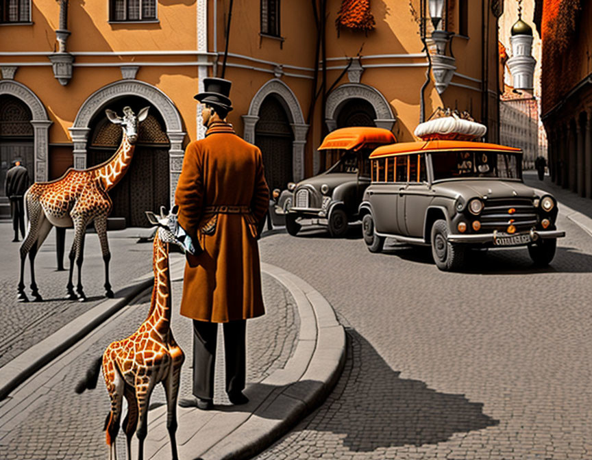 Man in trench coat with giraffe on vintage street with classic cars