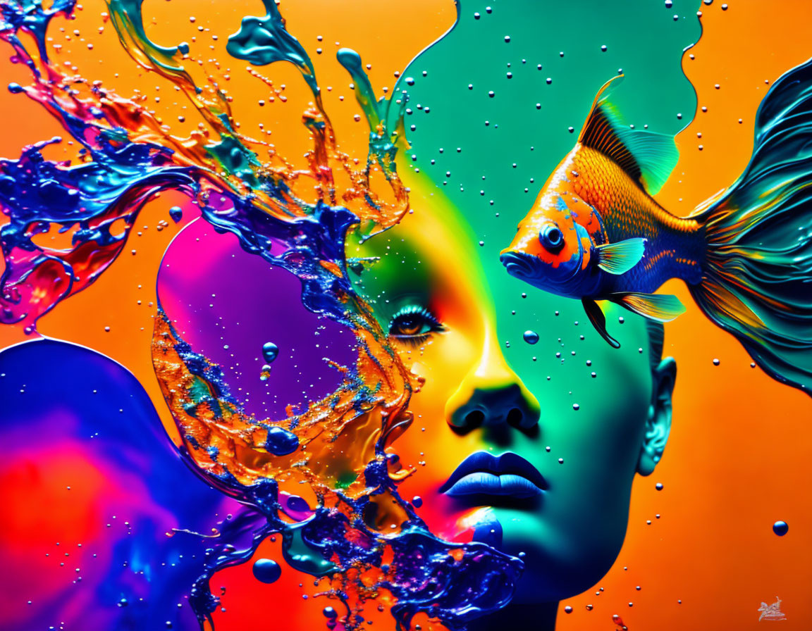 Colorful digital artwork: Woman's face, goldfish, liquid splash, orange-blue gradient