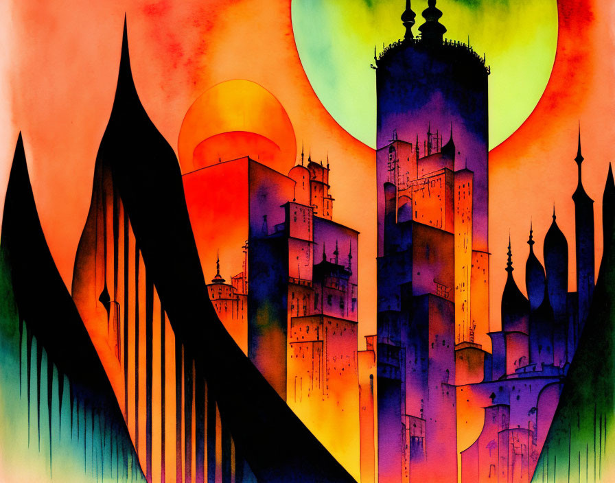 Fantastical cityscape watercolor: pointed towers against fiery sky