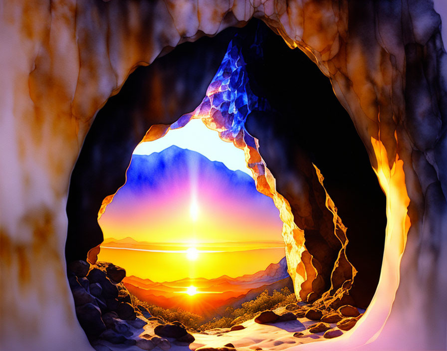 Vibrant sunset from cave: orange-yellow hues, silhouetted mountains, purple-blue sky