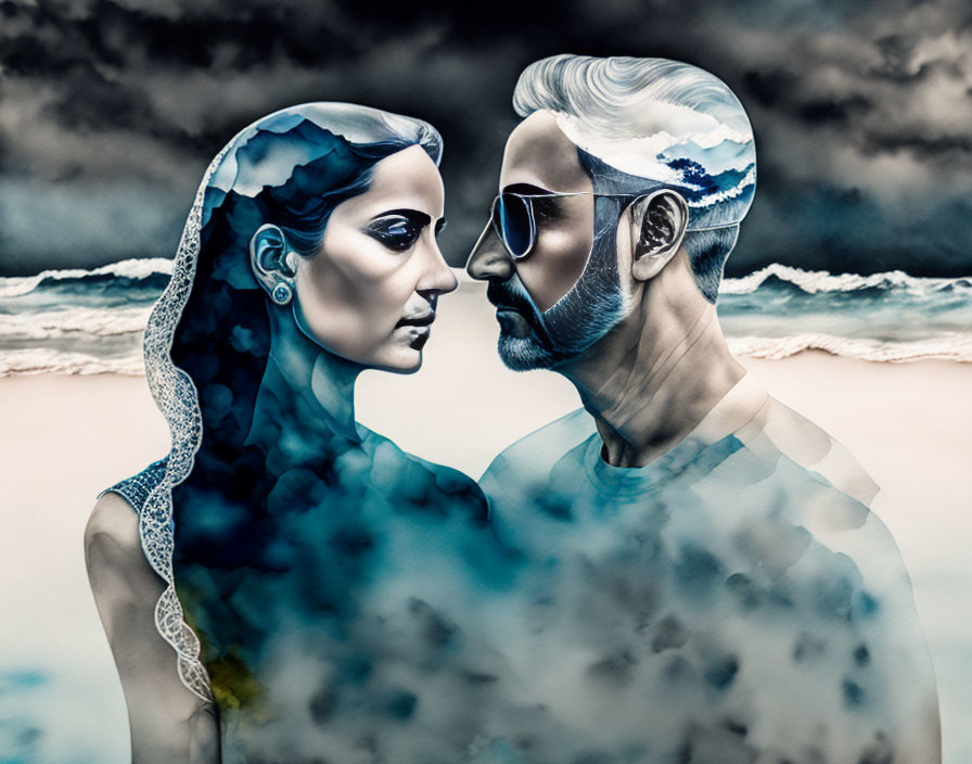 Digital artwork: Man and woman with stormy skies and ocean waves blending into their bodies