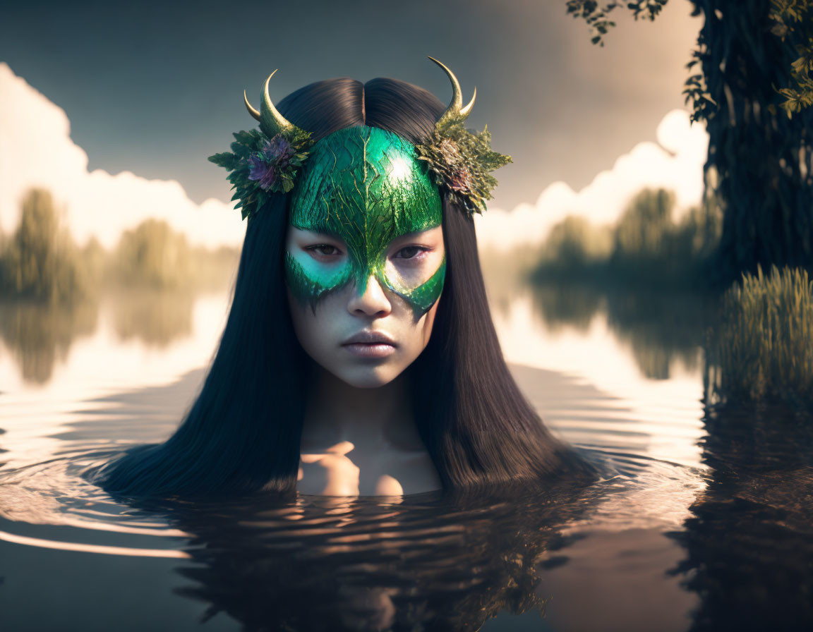 Woman in green masquerade mask submerged in water with reflective lake.