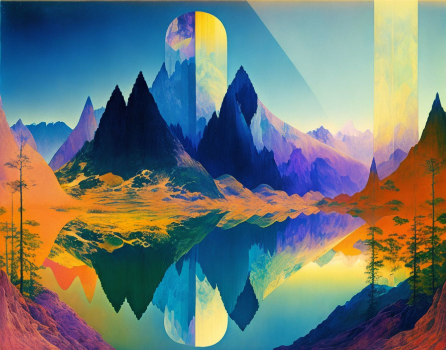 Colorful Landscape Painting with Mirrored Mountains and Geometric Overlay