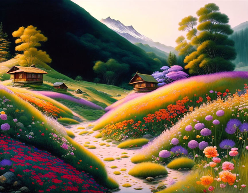 Colorful landscape with flowers, hills, cabins, and mountains under serene sky