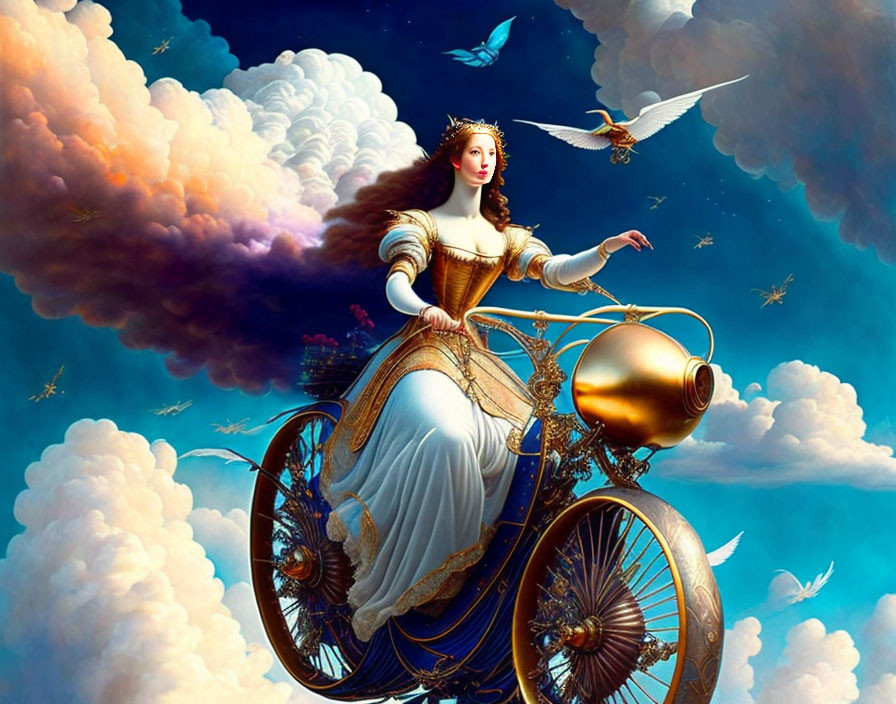 Woman in flowing dress on celestial bicycle in dreamy sky