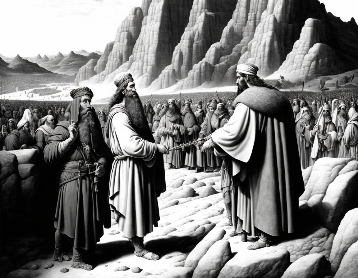 Monochrome illustration: Two robed men with staff, in deep conversation, amidst crowds and mountains.