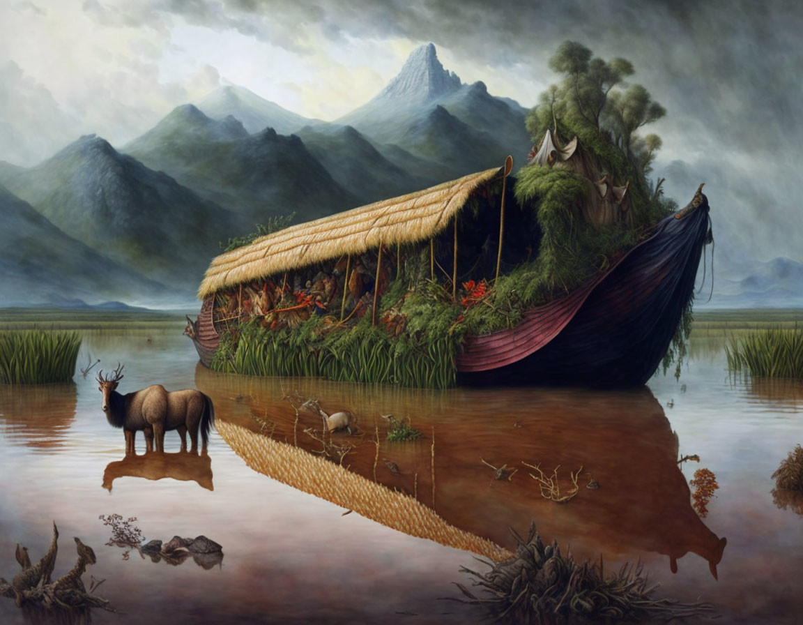 Overgrown boat with trees on tranquil lake, moose in water