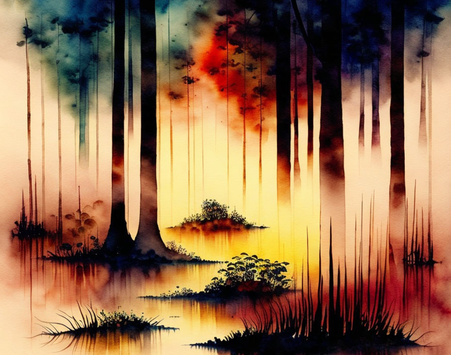 Serene forest watercolor with tall trees and vibrant sunlight