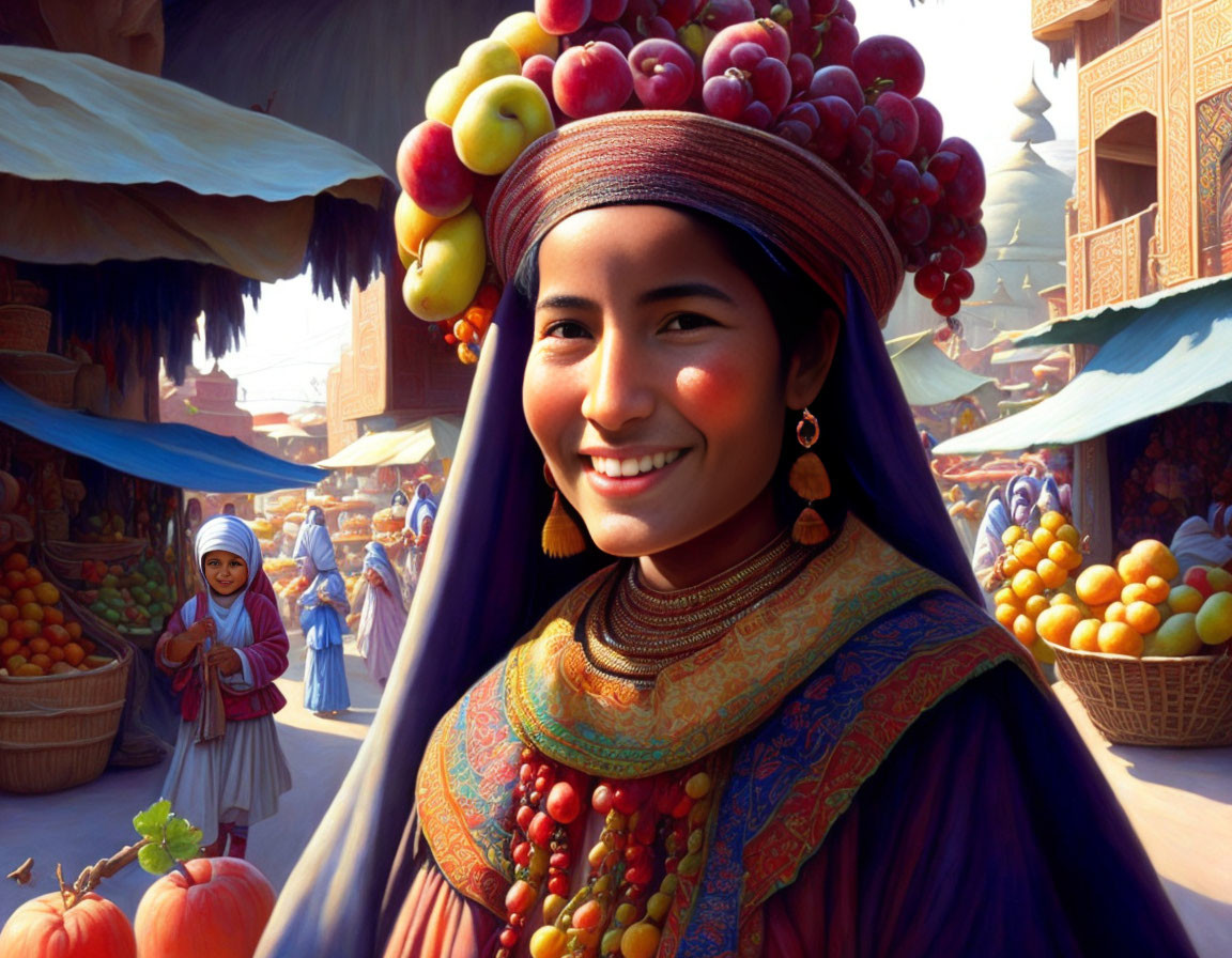 Smiling woman with headscarf carries fruits in vibrant marketplace