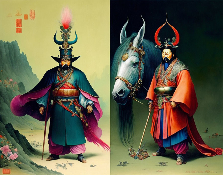 Ancient Chinese warriors in traditional armor with horse against mountainous backdrop