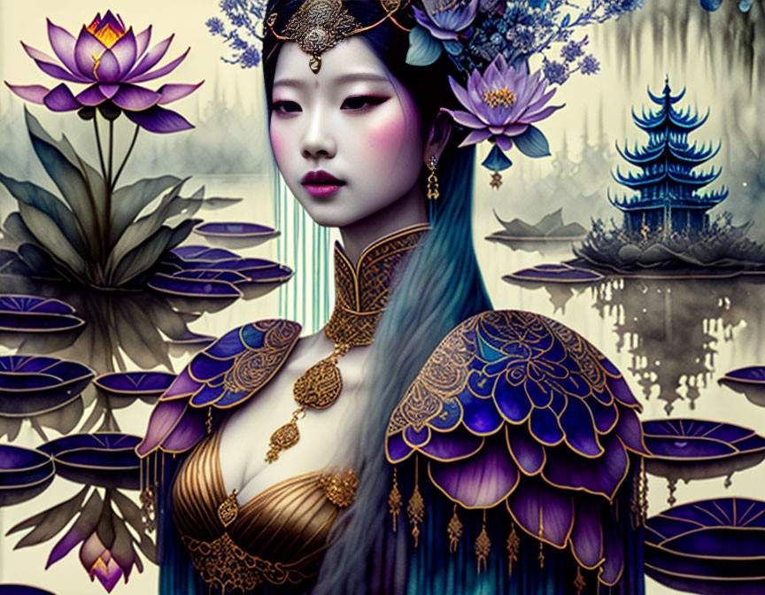 Illustrated woman with blue hair and mystical pagoda in misty background