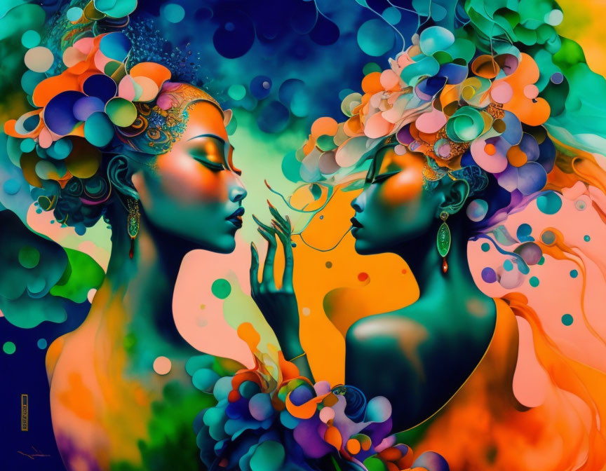 Vibrant stylized women with elaborate headdresses and colorful bubbles.