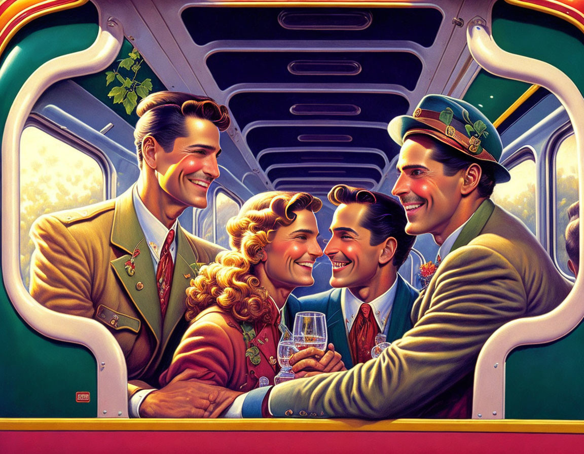 Vintage attired group conversing in colorful train carriage with lush greenery view.