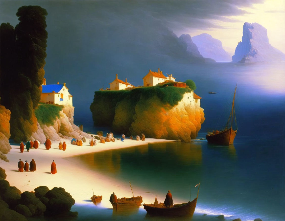 Coastal Dusk Scene: Cliff Houses, Beach Figures, Boats, Misty Mountains