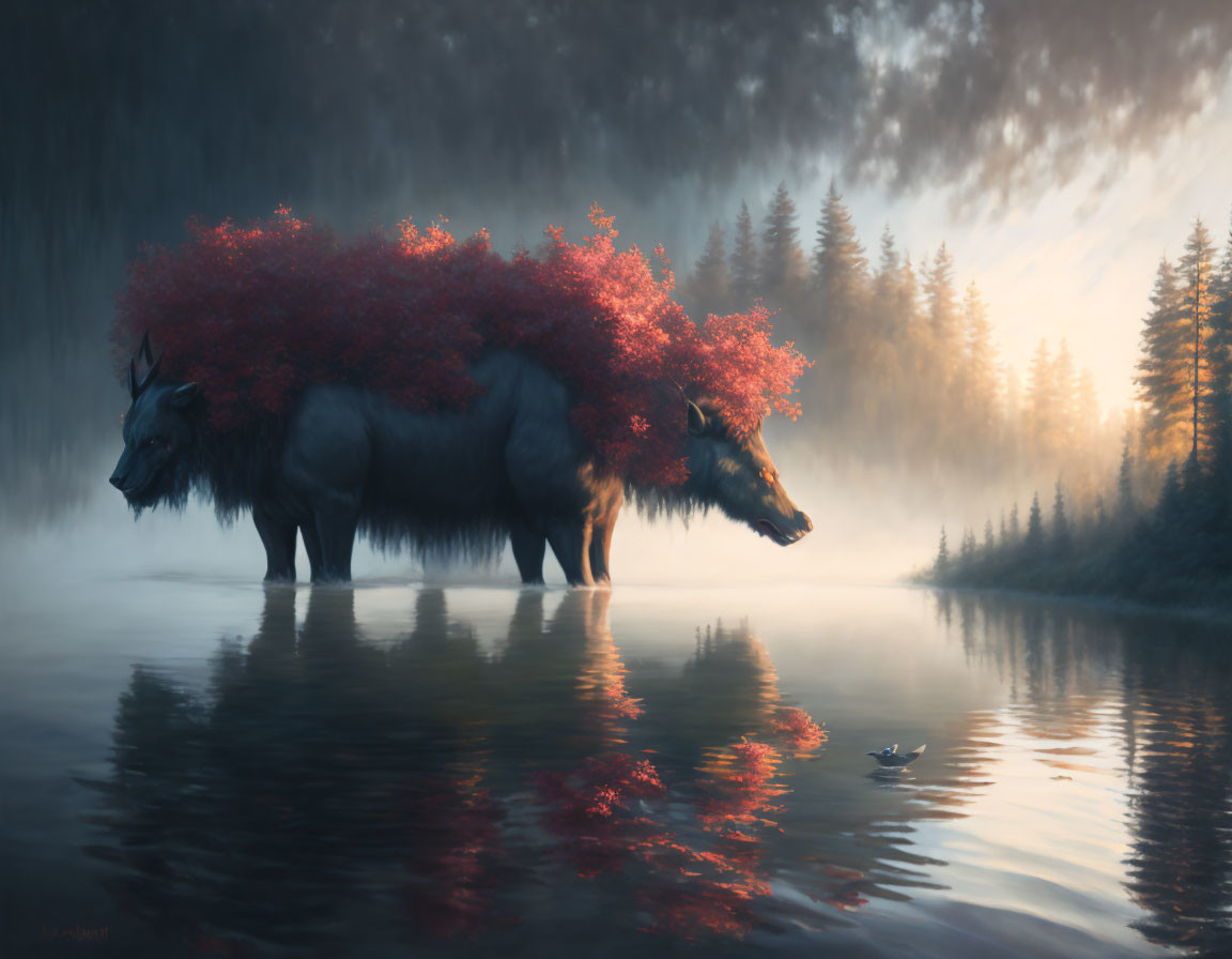 Large mythical moose-like creature with red tree near forest lake at dawn or dusk