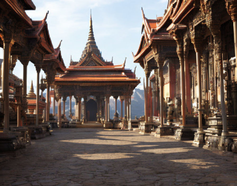 Ornate Thai Temple Architecture with Golden Accents & Mountain Backdrop