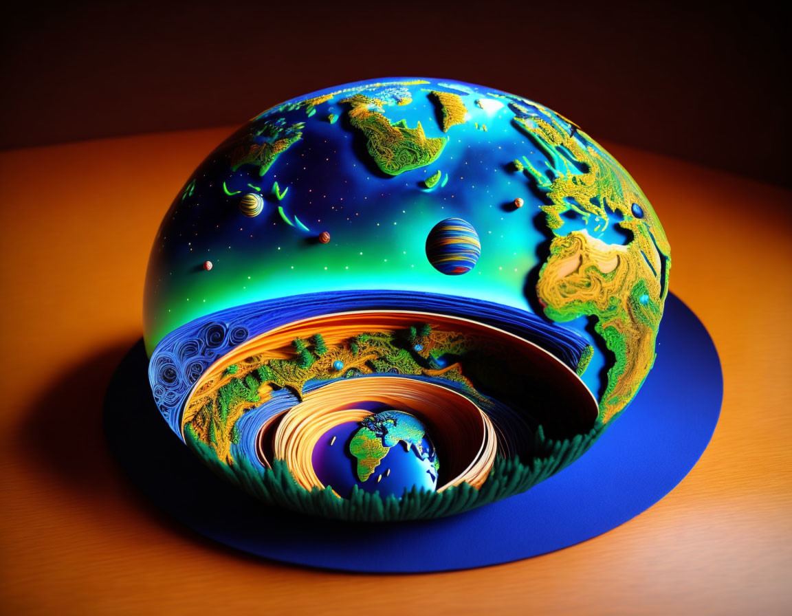 Colorful 3D fractal art: Helmet design with landscapes, sky, and celestial bodies on