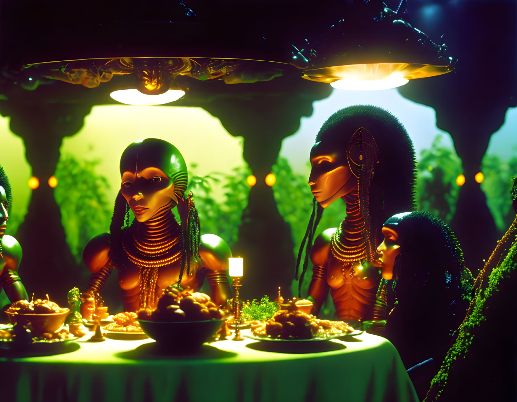 Ancient Egyptian-themed stylized figures at table under green light