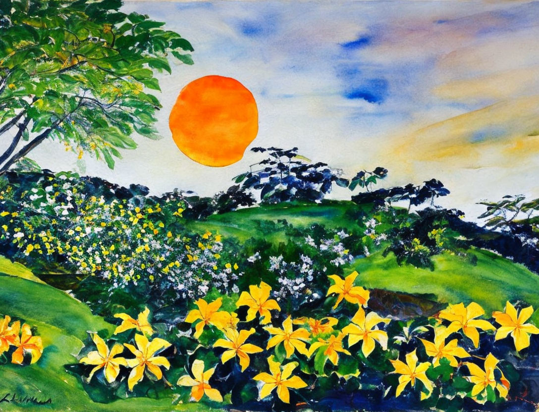 Golden sunset watercolor landscape with orange sun, green hills, and yellow flowers