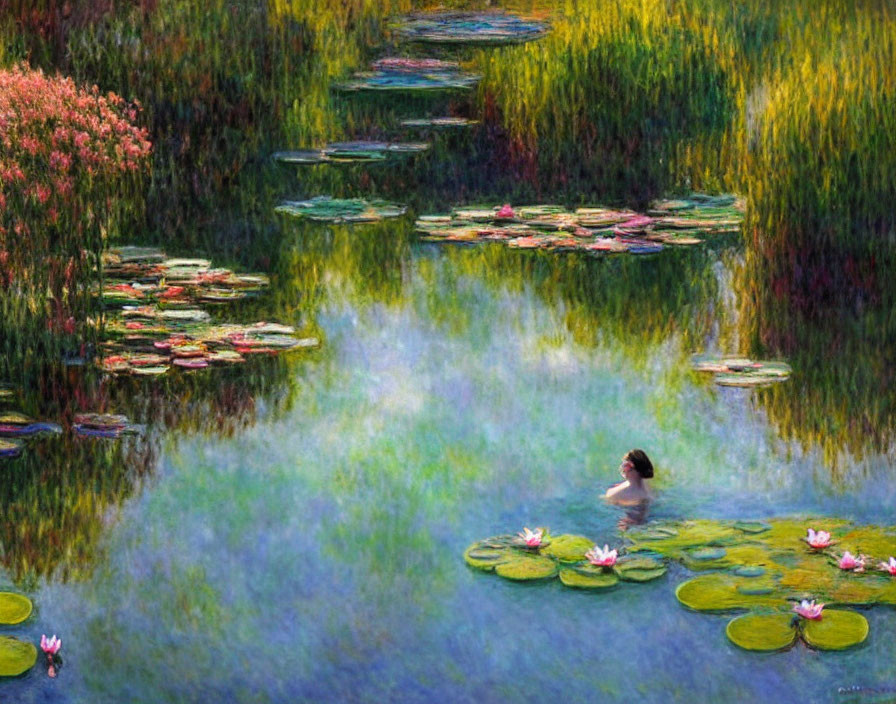 Tranquil painting of person swimming in serene pond