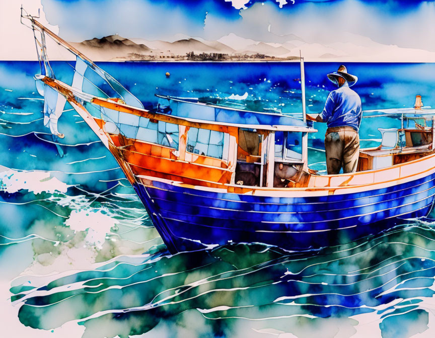 Colorful watercolor illustration: Person on vibrant fishing boat amid blue water & mountains