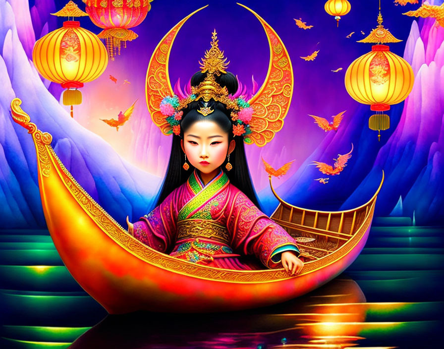 Asian woman in traditional attire on crescent moon boat with lanterns and vibrant backdrop