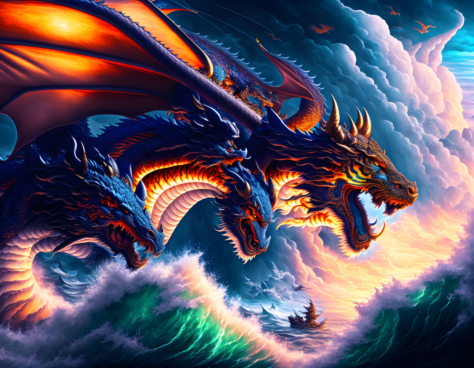 Detailed Artwork: Multi-Headed Blue Dragon Soaring at Sunset