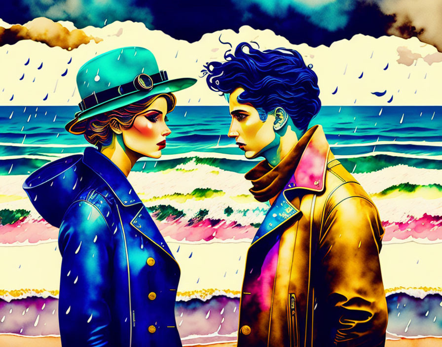 Intense gaze between man and woman in retro outfits against colorful sea backdrop