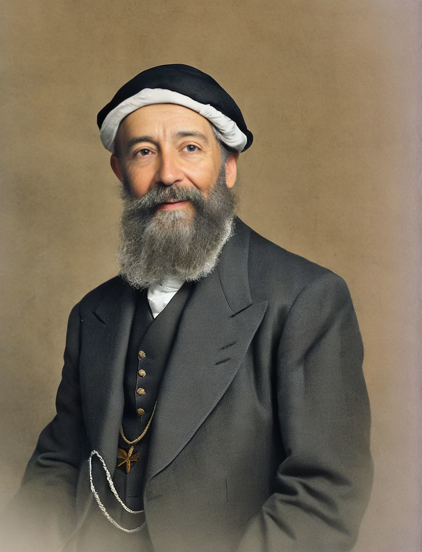 Bearded man in dark suit with striped cap and medallion