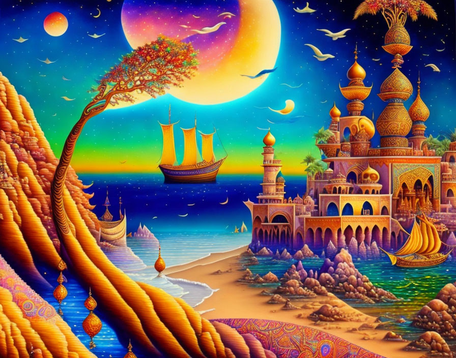 Fantasy landscape: golden palaces, ships, beach, crescent moon