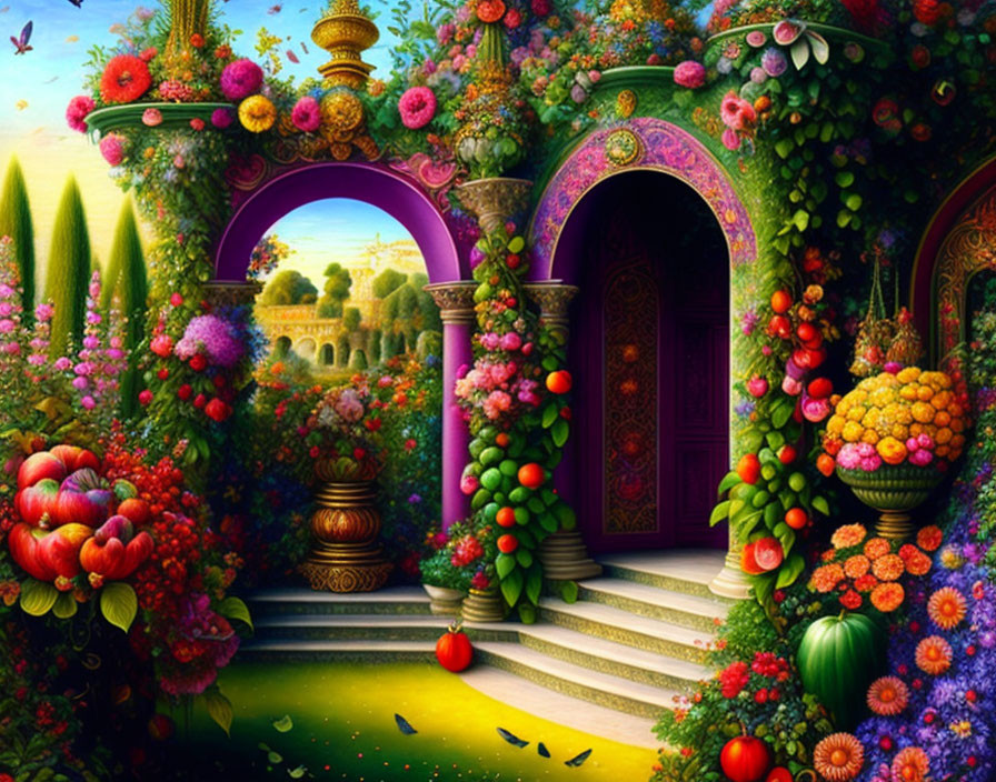 Lush Garden with Flowers, Fruit Trees, and Purple Archway