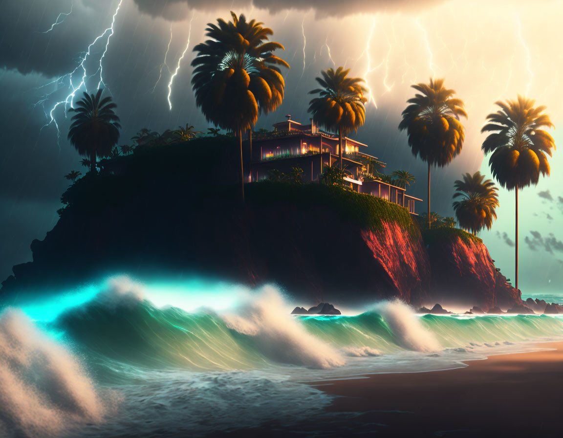 Twilight coastal scene with thunderstorm, lightning, cliff house, and bioluminescent waves