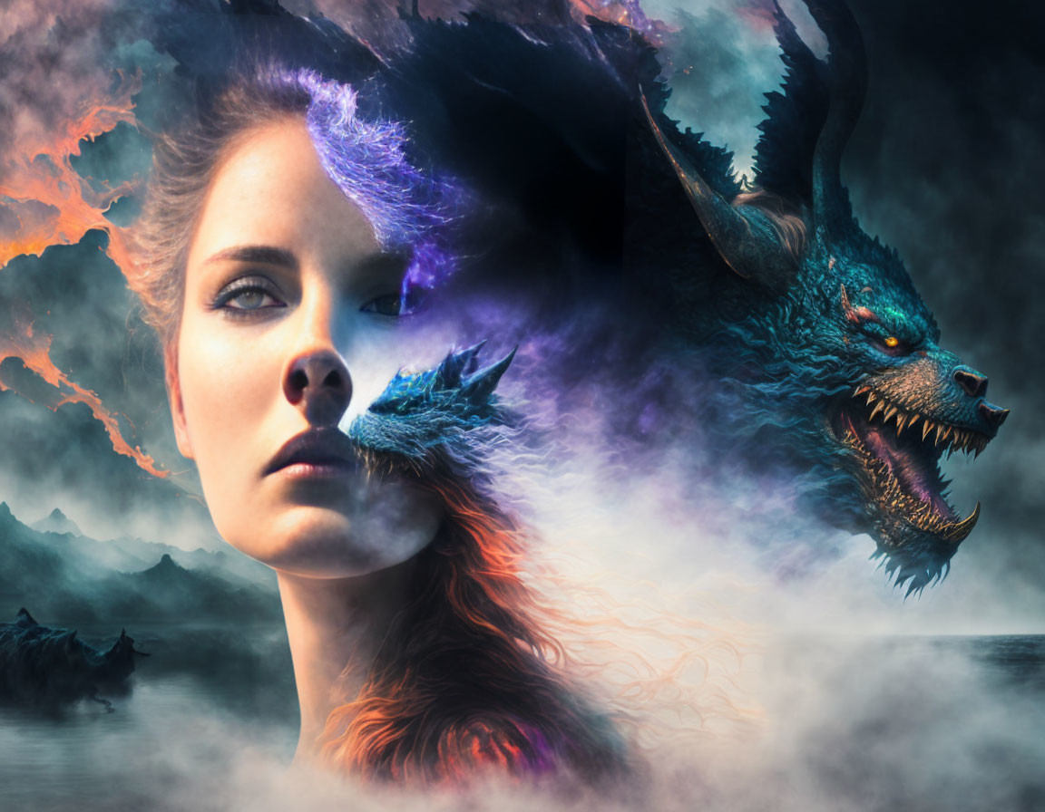 Woman's face merges with snarling dragon in misty mountainous terrain