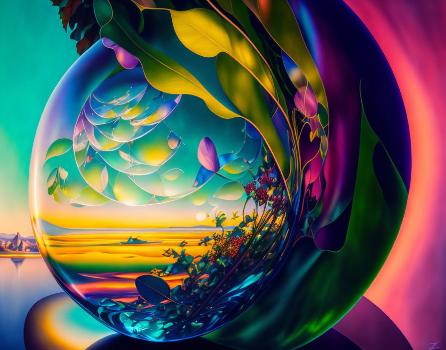 Colorful surreal landscape with glossy sphere and serene sunset reflection